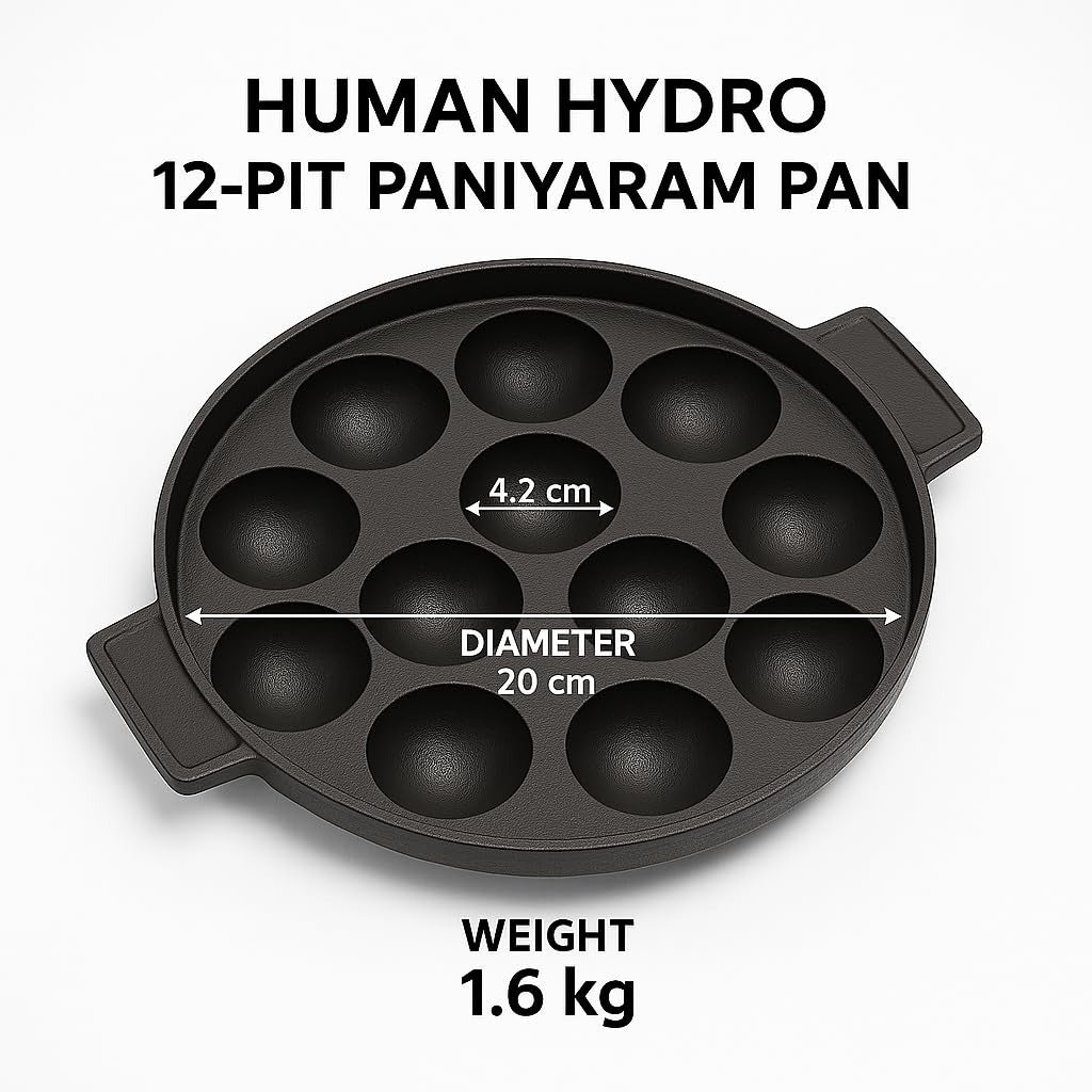 Human Hydro 12-Pit Cast Iron Paniyaram Pan with 4mm Glass Lid and Wooden Spatula 20cm Pre-Seasoned Naturally Nonstick