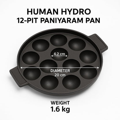 Human Hydro 12-Pit Cast Iron Paniyaram Pan with 4mm Glass Lid and Wooden Spatula 20cm Pre-Seasoned Naturally Nonstick