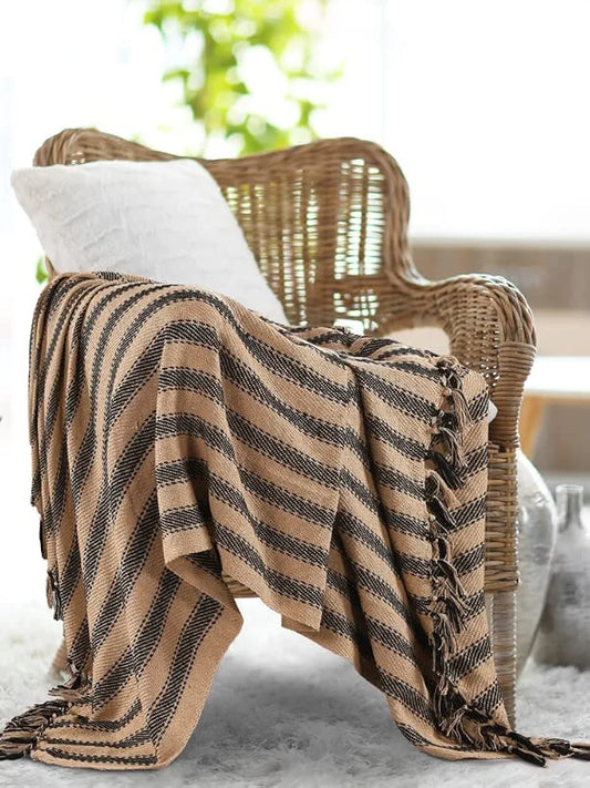 Sashaa World Striped Throw Medium with Tasselled Edges Colour Camel