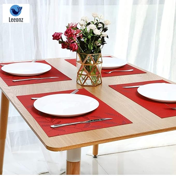 Leeonz Vinyl PVC Easy to Clean Non-Slip Heat Resistant Dining Table Mats Red Set of 4pcs