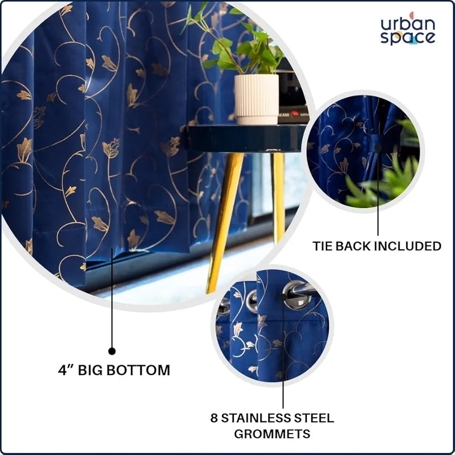 Urban Space Pure Blackout Opaque Curtains For Living Room, Gold Foil Printed Luxurious Blackout Opaque Curtains Eyelet With Tieback, 1 Piece Pack, Vine Navy Blue