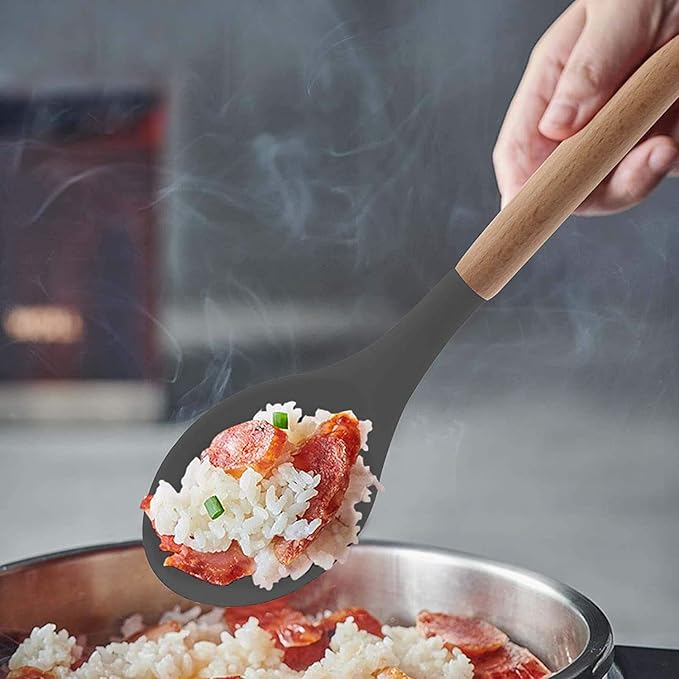 Woodtula Silicone Cooking Utensils Kitchen Utensil Set Heat Resistant Wooden Handles Grey