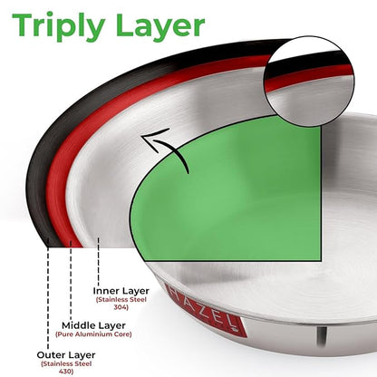Hazel Tri-Ply Stainless Steel Induction Bottom Kadhai with Stainless Steel Lid 1.5 Litre 20.5 cm