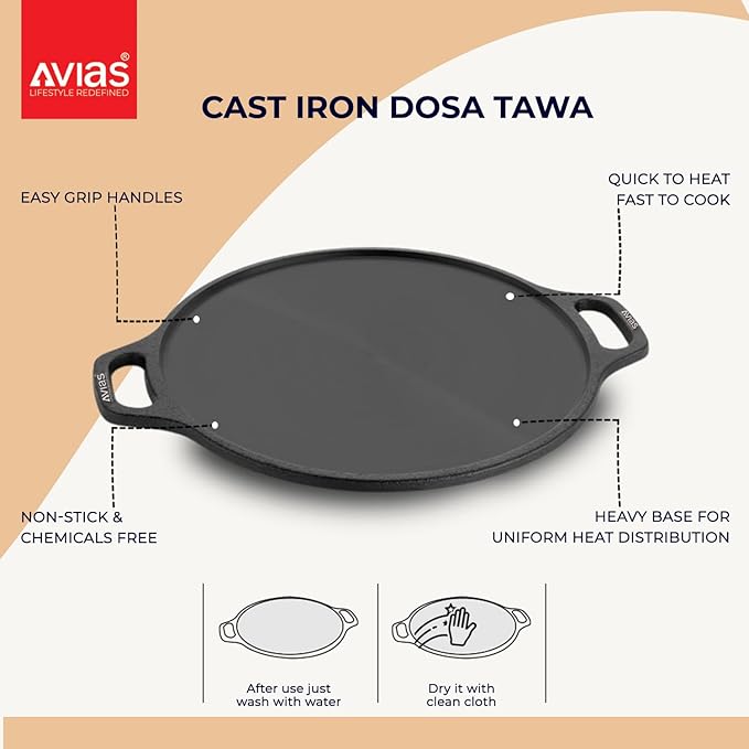Avias Cast Iron Tawa with Side Handles 30cm Dosa Kallu Loha Pan to Cook 12 inches