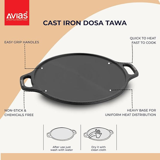 Avias Cast Iron Tawa with Side Handles 30cm Dosa Kallu Loha Pan to Cook 12 inches