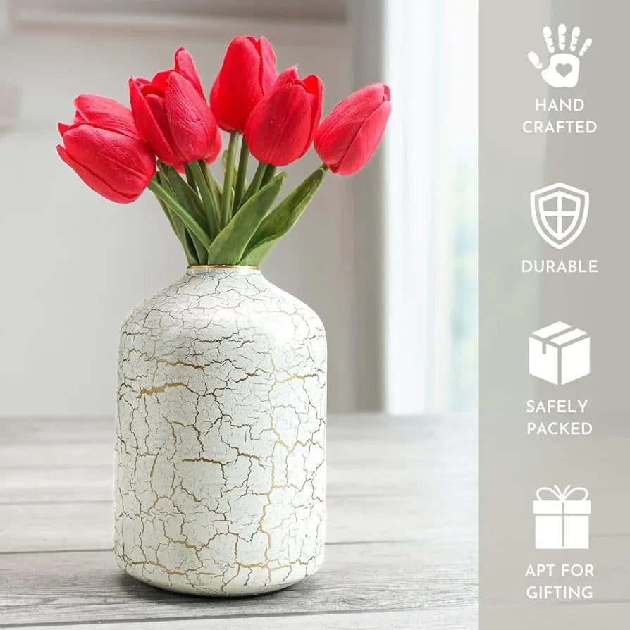 Behoma Metal Flower Vase Off-White Crackled Flowers not Included
