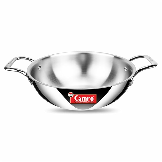 Camro Triply Artisian Kadhai 34 Cm 8 Liters kadhai Steel Stainless Kadhai for Deep Frying