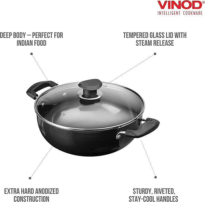 Vinod Black Pearl Hard Anodised Non Stick Deep Kadhai with Glass Lid - 2.6 LTR, 22 cm | 3.25mm Thickness | kadai for Cooking