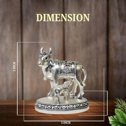 Gold Art India Kamdhenu Cow and Calf Idol Silver Matte Finish Decorative Murti 7.62 cm x 7.62 cm