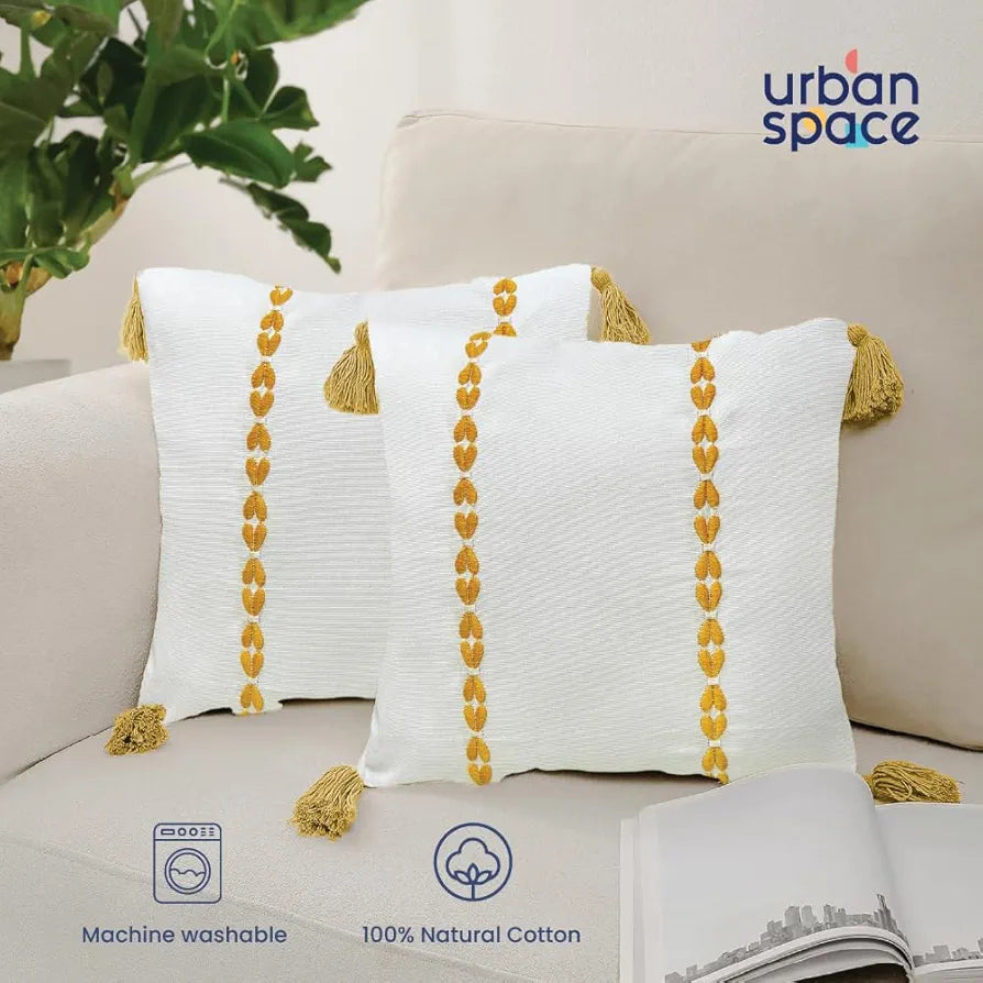 Urban Space Embroidered Cotton Cushion Cover Set of 2 Cushion Covers for Sofa, Bedroom, Living Room Vintage Braid Yellow