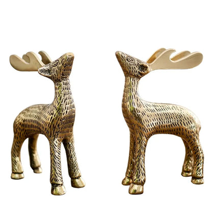 BEHOMA Antique Golden Aluminium Christmas Reindeer Figurine Statue 2 Pcs | Reindeer Showpiece for Tabletop, Bookshelf, Desktop, Cabinets, Valentine's Day 