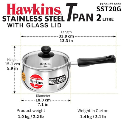 Hawkins 2 Litre Tpan Stainless Steel Tea Pan with Glass Lid