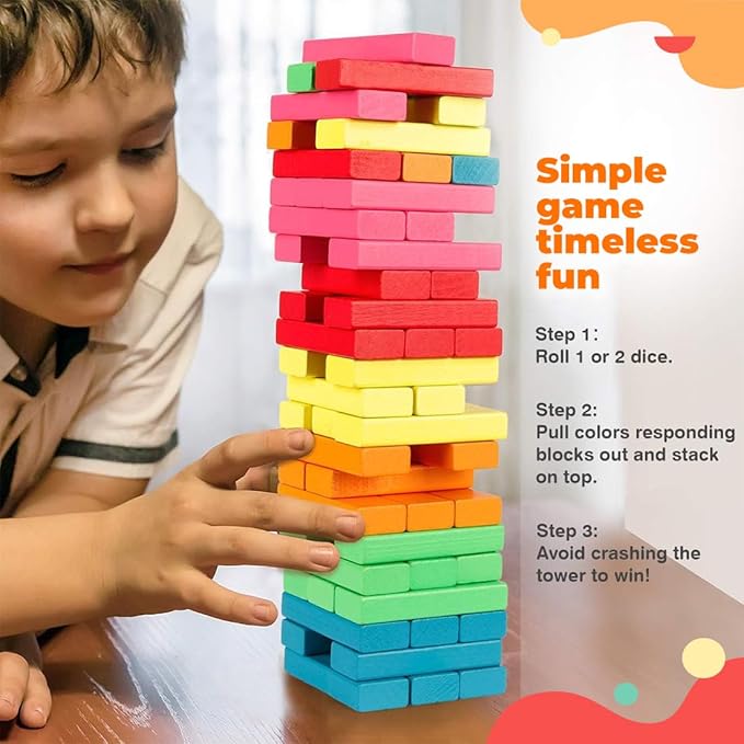 Wembley Wooden Blocks Stacking & Balancing Tower Games for Kids Adults 54 Pcs