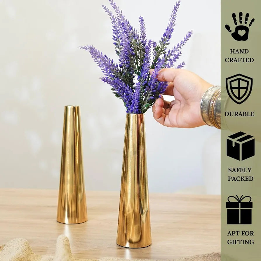 Behoma Golden Metal Slim Cone Flower Vase Small Flowers not Included