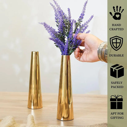 Behoma Golden Metal Slim Cone Flower Vase Small Flowers not Included