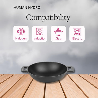 Human Hydro Premium Pre-Seasoned Cast Iron Kadai 25cm 3L Naturally Nonstick Non-Toxic Flat Bottom Induction Gas