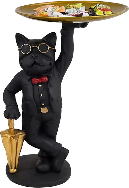 Premium French Bulldog Butler Statue with Golden Serving Tray & Umbrella, Resin Dog Figurine for Home Decor, Entryway Key Holder & Living Room Centerpiece 