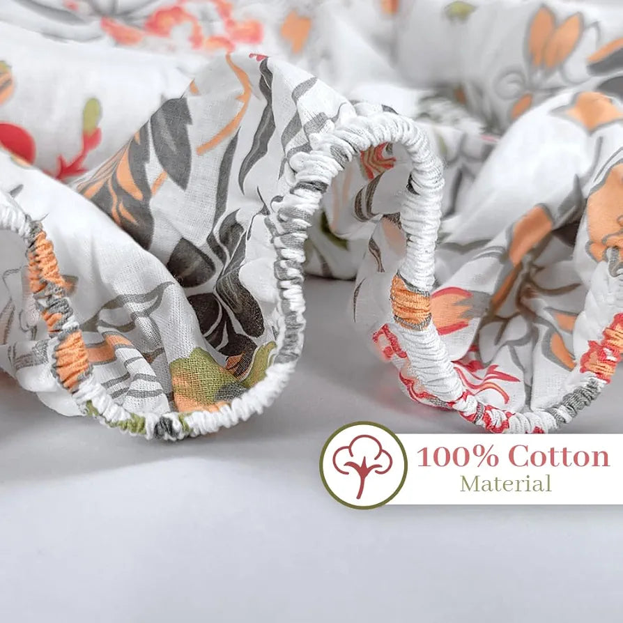 Divine Casa 144 TC 100% Cotton Floral Print Peach Super Soft Elastic Fitted Bedsheets Single Bed Colour Peach amber