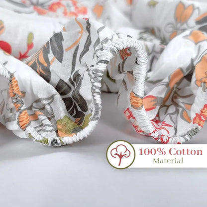 Divine Casa 144 Tc Cotton Floral Print King Size Double Bed Elastic Fitted Bedsheet With 2 Pillow Cover Colour Galaxy Peach