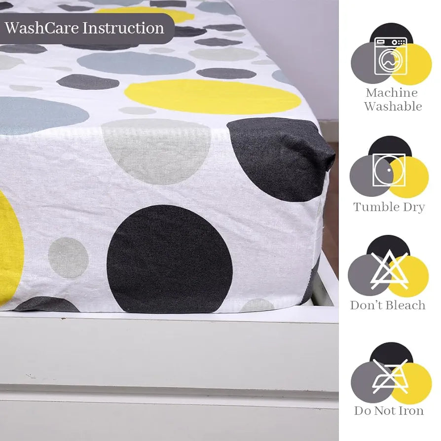 Divine Casa 144 TC Polka Print Yellow Skin Friendly 100% Cotton Elastic Fitted Bedsheets King Size Colour Quarry