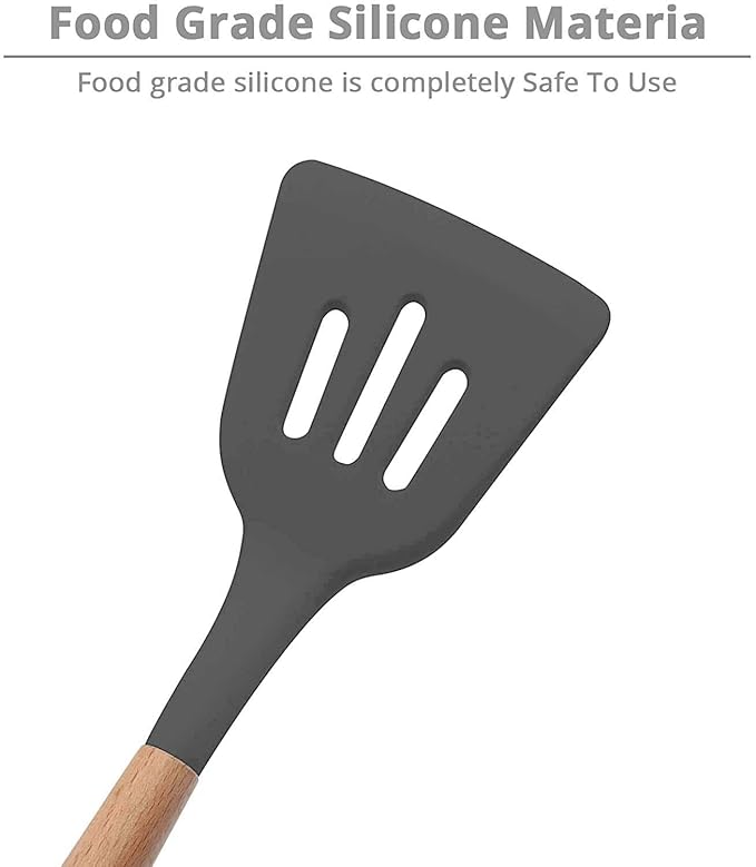 P-Plus International Silicone Slotted Spatula High Heat Resistant to 480°F Food Wooden Handle Grey