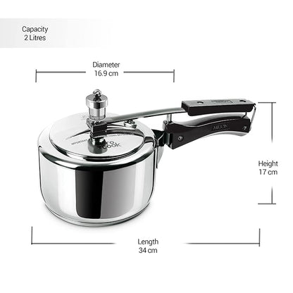 Milton Pro Cook Sandwich Bottom Stainless Steel Pressure Cooker with Inner Lid, 2 Litres, Silver - 2070 gms