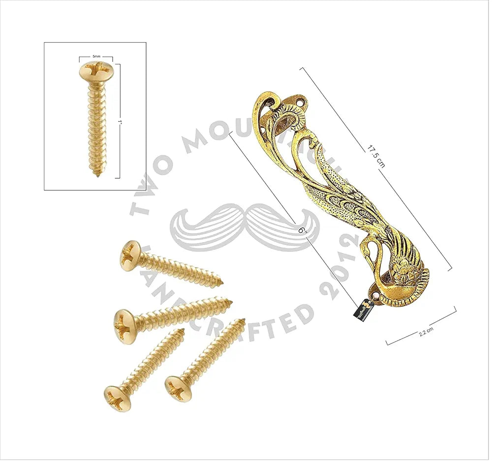 Two Moustaches Peacock Design 7 Inches Brass Door Handle Pair - Antique Yellow Standard