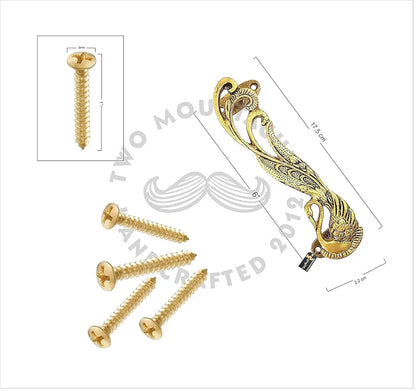 Two Moustaches Peacock Design 7 Inches Brass Door Handle Pair - Antique Yellow Standard