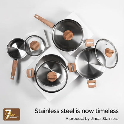 Arttdinox Timber Triply Stainless Steel Kadai | Triply Kadhai With Lid | 24cm | 2.7 Ltr | Jindal Stainless | Silver