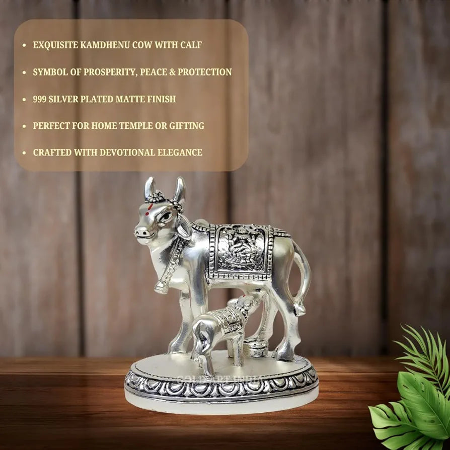 Gold Art India Kamdhenu Cow and Calf Idol Silver Matte Finish Decorative Murti 7.62 cm x 7.62 cm