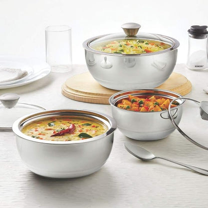 Borosil Stainless Steel Curry Server | Silver | 500ml, 900ml, 1.5l | 3 Piece Set