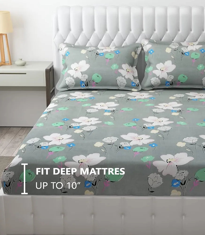 Fresh From Loom King Size Bed With Two Pillow Cover Soft Glace Cotton Fitted Bedsheet Elastic Fitted Bed Sheets 144 TC Leaf Grey