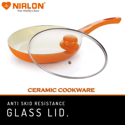 Nirlon Ceramic Cooking Fry Pan 24cm | Heat-Resistant Handle | Heavy Guage 4mm Thick Aluminum Cookware for Induction/Gas Stove