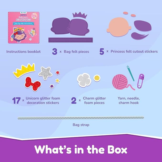 Bloomingo Art & Craft Kit | Princess Sling Bag | Fun Mess Free Arts & Craft Kit for Kids | Design Your Own Magical Diy Craft Bag