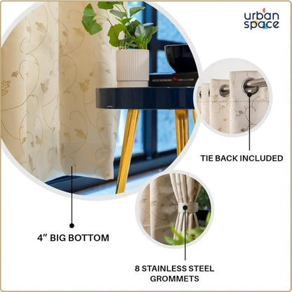 Urban Space Pure Blackout Opaque Curtains For Living Room Gold Foil Printed Luxurious Blackout Opaque Curtains 1 Piece Pack, Floral Vine Beige