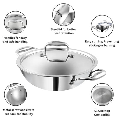 Vinod Platinum Triply Stainless Steel Kadai with lid 3.7 Litre (28 cm) | 2.5mm Thick | 3 Layer Stainless Steel Cookware