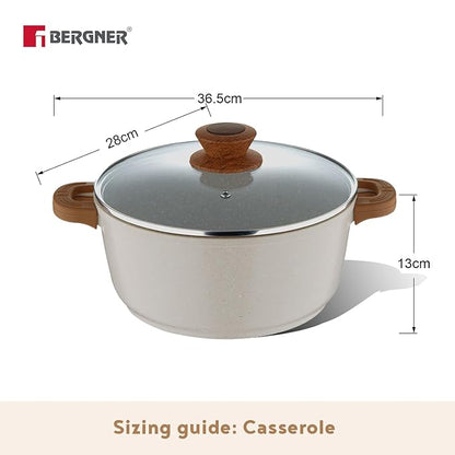 Bergner Naturally Die Cast Nonstick 28 Cm Casserole With Glass Lid | 5.5 Litres