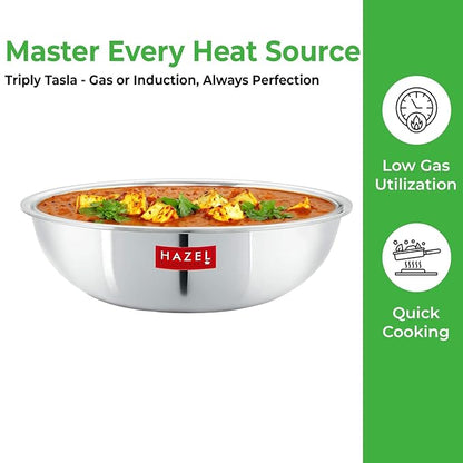 Hazel Triply Stainless Steel Cookware Triply Steel Tasra Kadai with Lid 1.5 litres Heavy Bottom