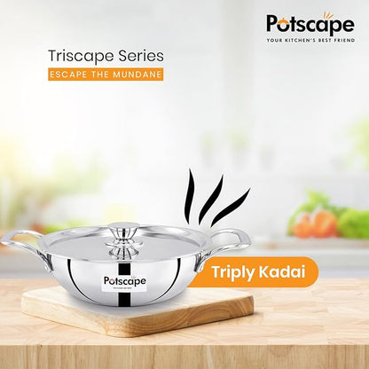Potscape Triply Kadai with Lid 22 cm Capacity 2.1 Ltr Less Food Burns