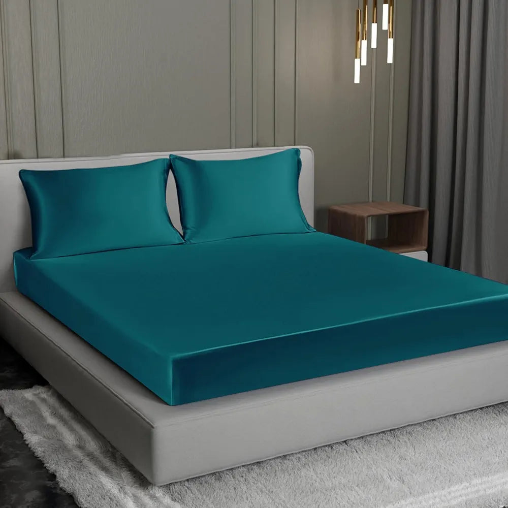 Cloth Fusion Satin Elastic Fitted Bedsheet for Double Bed King Size with 2 Pillow Covers H603 280 TC Peacock Green