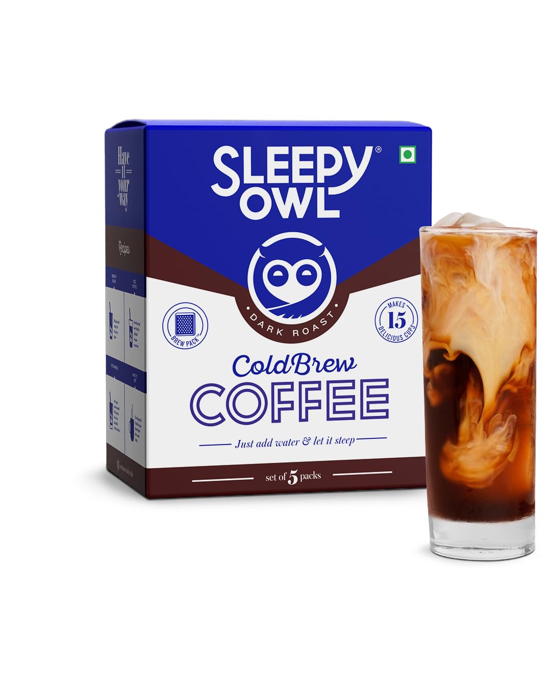 Sleepy Owl Dark Roast Cold Brew Coffee Bags Set of 5 Packs - 50 gms Each