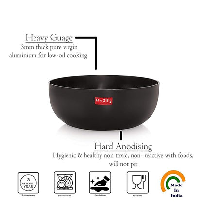 Hazel Hard Anodised Tasra 3 mm Deep Aluminium Anodized Frying Tasla Kadai (Black 23.3 cm 3200 ml)
