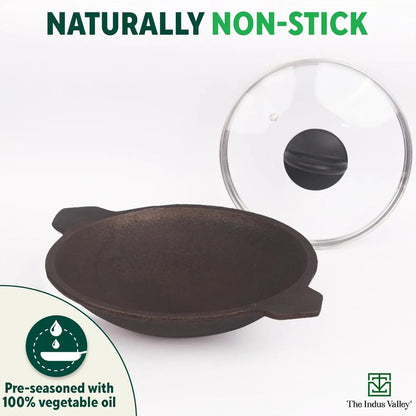 The Indus Valley Pre-seasoned Cast Iron Appam Pan With Glass Lid | Gas Compatible | Nonstick Appam Pan