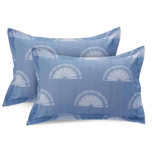 Huesland by Ahmedabad Cotton 144 TC Bedsheet for King Size Bed with 2 Pillow Covers | Sunrise | White & Powder Blue