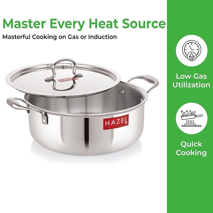 Hazel Triply Stainless Steel Induction Bottom Shallow Casserole Tope with Handle and with Steel Lid 4 Litre 26.3 cm