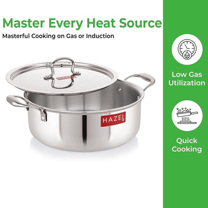 Hazel Triply Stainless Steel Induction Bottom Shallow Casserole Tope with Handle and with Steel Lid 4 Litre 26.3 cm