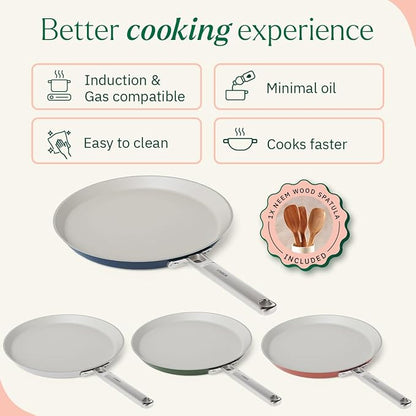 Ember Cookware Arcilla Ceramic Non Stick Dosa Tawa 28cm | Stainless Steel Handle | Blue