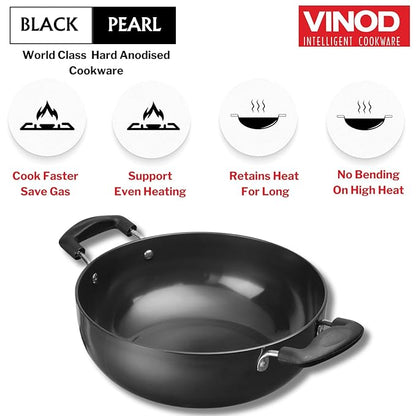 Vinod Black Pearl Hard Anodised Deep Kadai 1.6 litres Capacity (18 cm Diameter), with Riveted Sturdy Handles - 3.25 mm Thickness