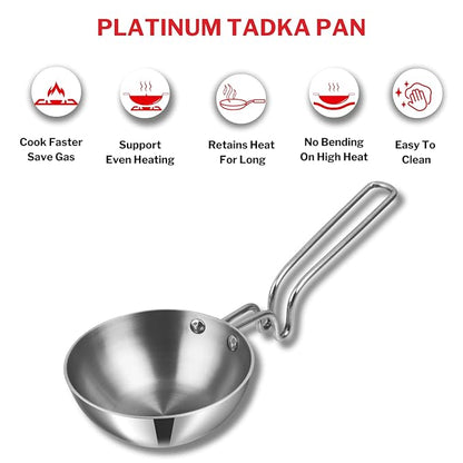 Vinod Platinum Triply Stainless Steel Tadka Pan Jumbo | 400 Ml | 12.5 Cm | Balance Design Handle