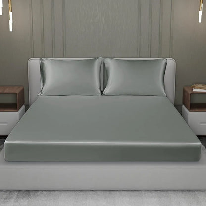 Cloth Fusion Satin Elastic Fitted Bedsheets Double Bed Luxury Queen Size with 2 Pillow Covers H603 280 TC Silver
